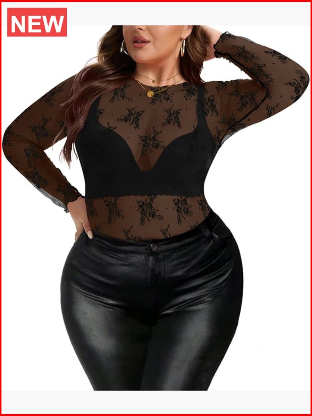 Women's Lace Mesh Top Sheer Plus Size Floral Long Sleeve Mock Neck Blouse